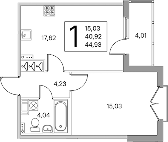 1-комнатная квартира 42.93 м², 4/4 эт., ЖК «Любоград в Стрельне»